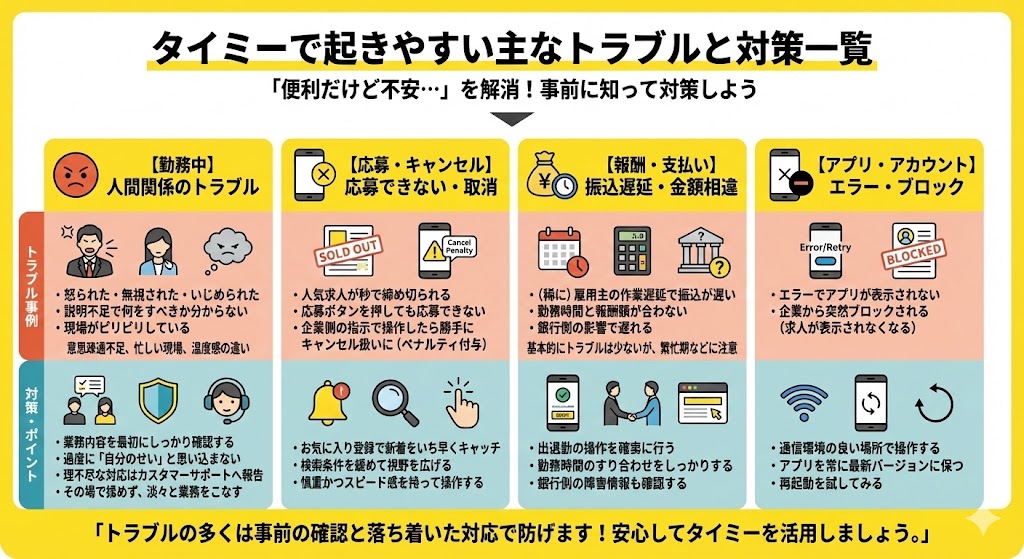 タイミーで起きやすい主なトラブル一覧