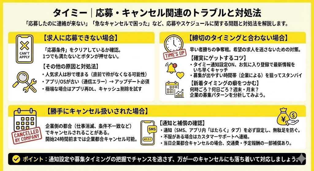 タイミー|応募・キャンセル関連のトラブルと対処法