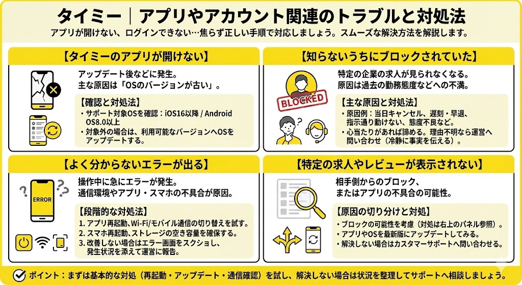 タイミー|アプリやアカウント関連のトラブルと対処法