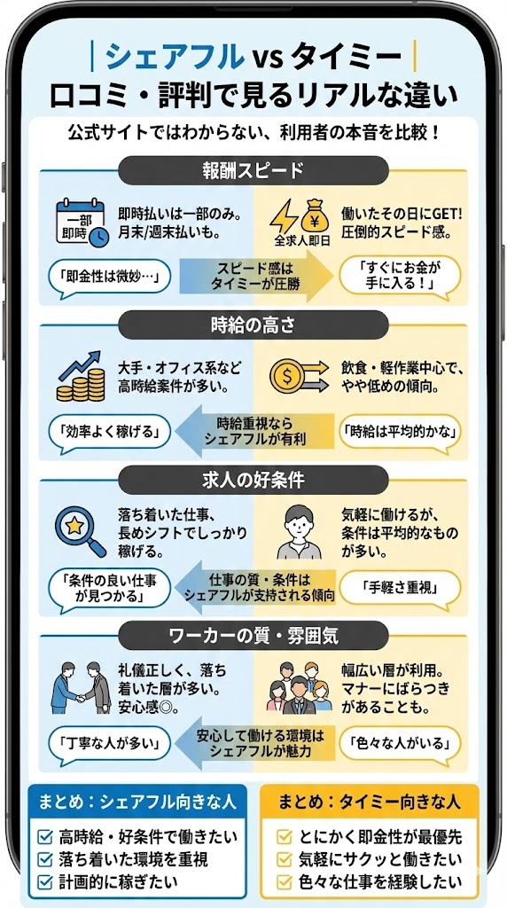 シェアフルとタイミー|口コミ・評判で見るリアルな違い