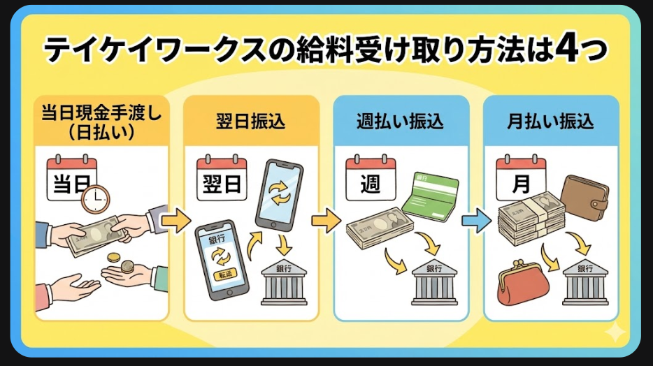 テイケイワークスの給料受け取り方法は4つ