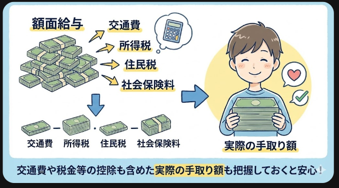 交通費や税金等の控除など実際の手取り額も把握しておくと安心