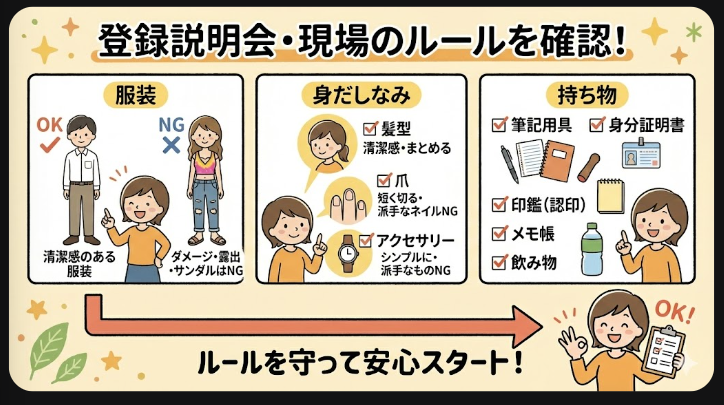 テイケイワークスの登録説明会・現場の服装や身だしなみ、持ち物のルールを確認