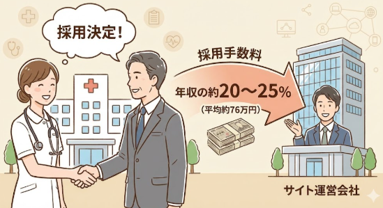転職サイトで採用が決まると看護師の年収の約20~25%(平均約76万円)の手数料が病院からサイト運営会社に支払われる