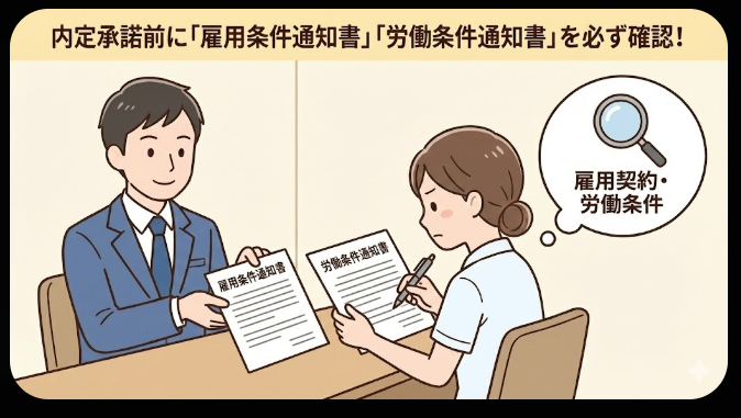 内定承諾前に提示された「雇用条件通知書」「労働条件通知書」を必ず確認