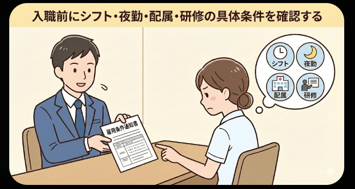 入職前にシフト・夜勤・配属・研修の具体条件を確認する