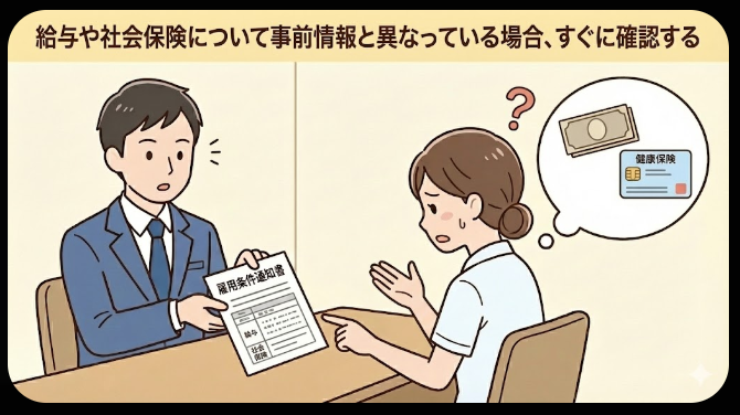給与や社会保険が事前情報と異なっている場合、すぐに確認する