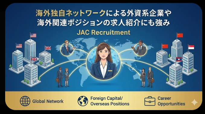 JACリクルートメントでは海外に広がる独自ネットワークを背景に、外資系企業や海外関連ポジションの求人紹介にも強み