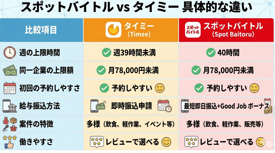 スポットバイトルとタイミーの具体的な違い