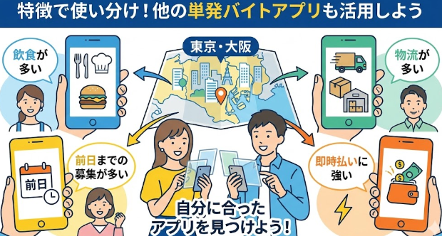 特徴が異なる他の単発バイトアプリも併用する