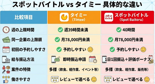 スポットバイトルとタイミーの具体的な違い